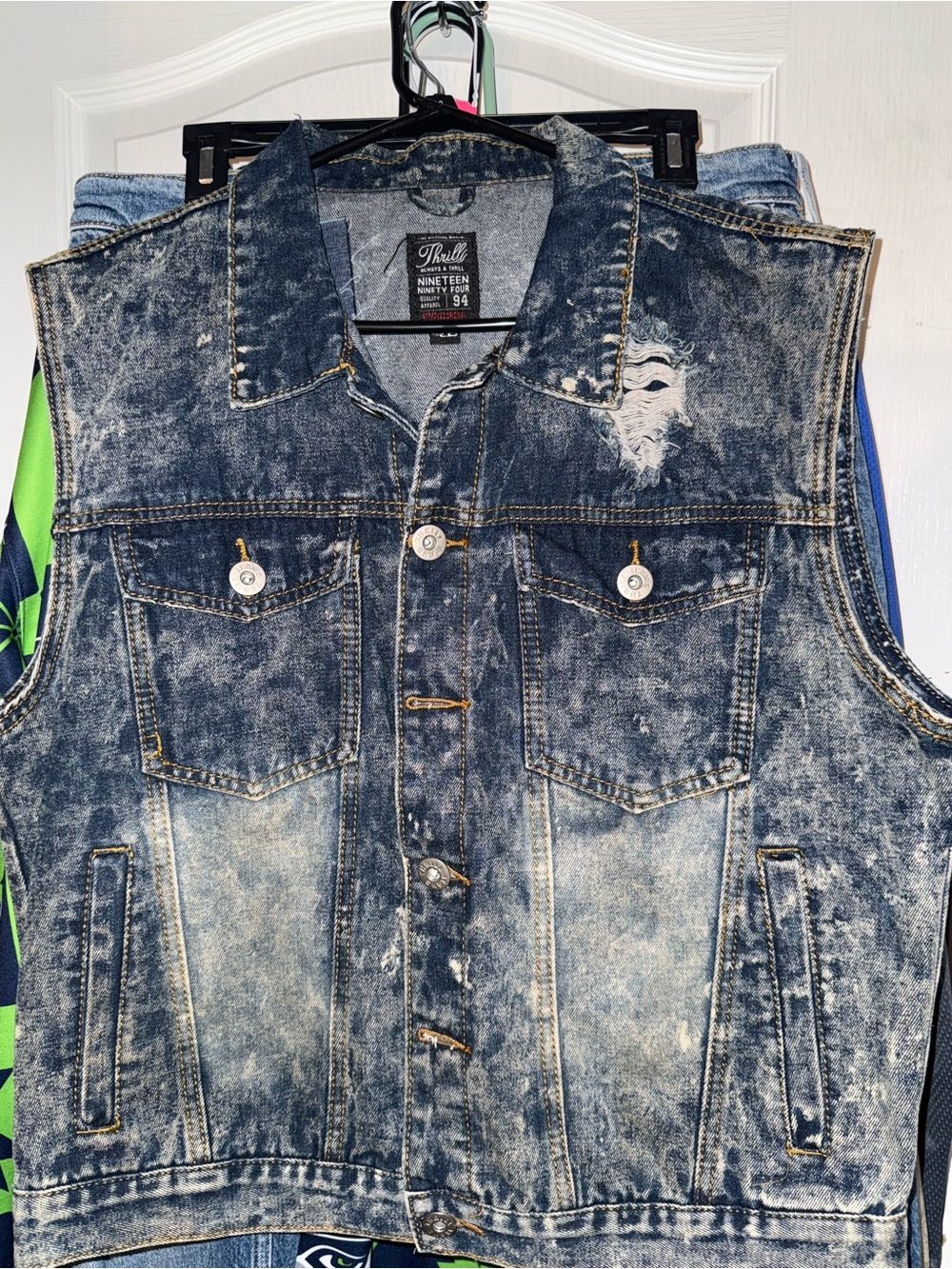 Thrills Men's Distressed Denim Vest in Washed Blue